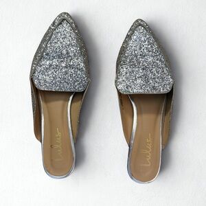 Lulus Womens Joelle Mule Flat Shoes Silver Slip On Sequin Pointed Toe Size 9